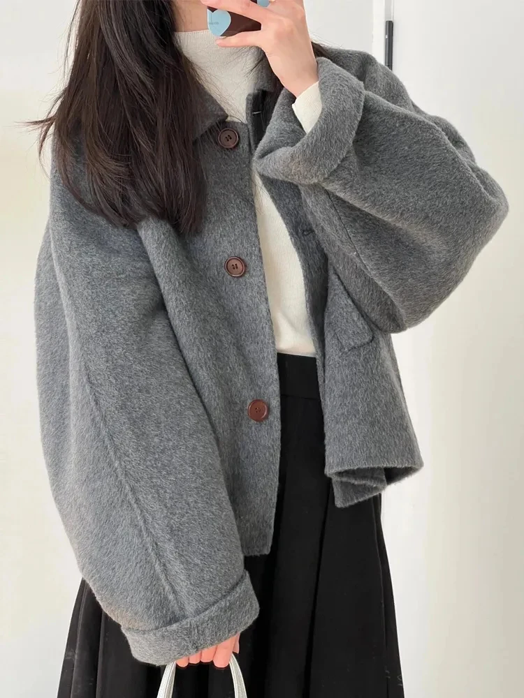 Cappotti di lana da donna Crop Vintage manica lunga con bottoni Office Lady Capispalla semplice Autunno Inverno Nuove eleganti top corti dolci e solidi