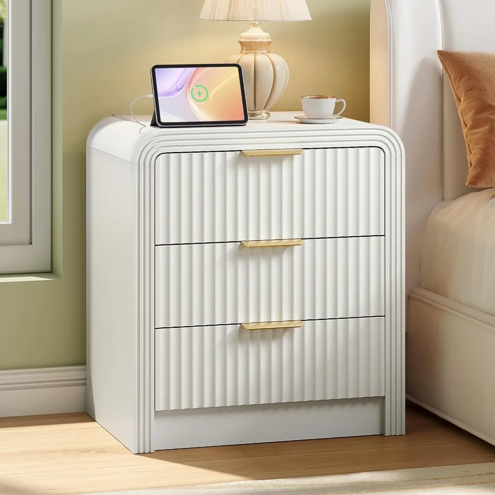 

Fluted Nightstand with Charging Station, 19.7'' Wide Modern End Table with USB/Type-C Ports, 3 Drawers, Curved Profil，Customized