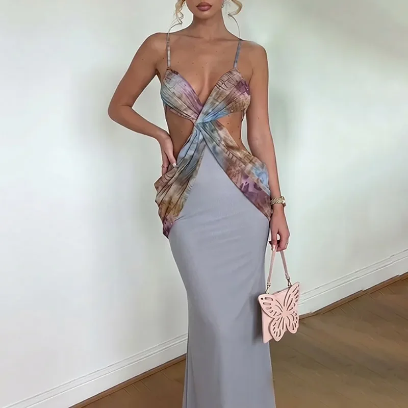 Chic Sexy Suspender Waist Less Vacation Dress Elegant Printed Off Shoulder Pleated Dress Fashion Color Blocking Backless Splice