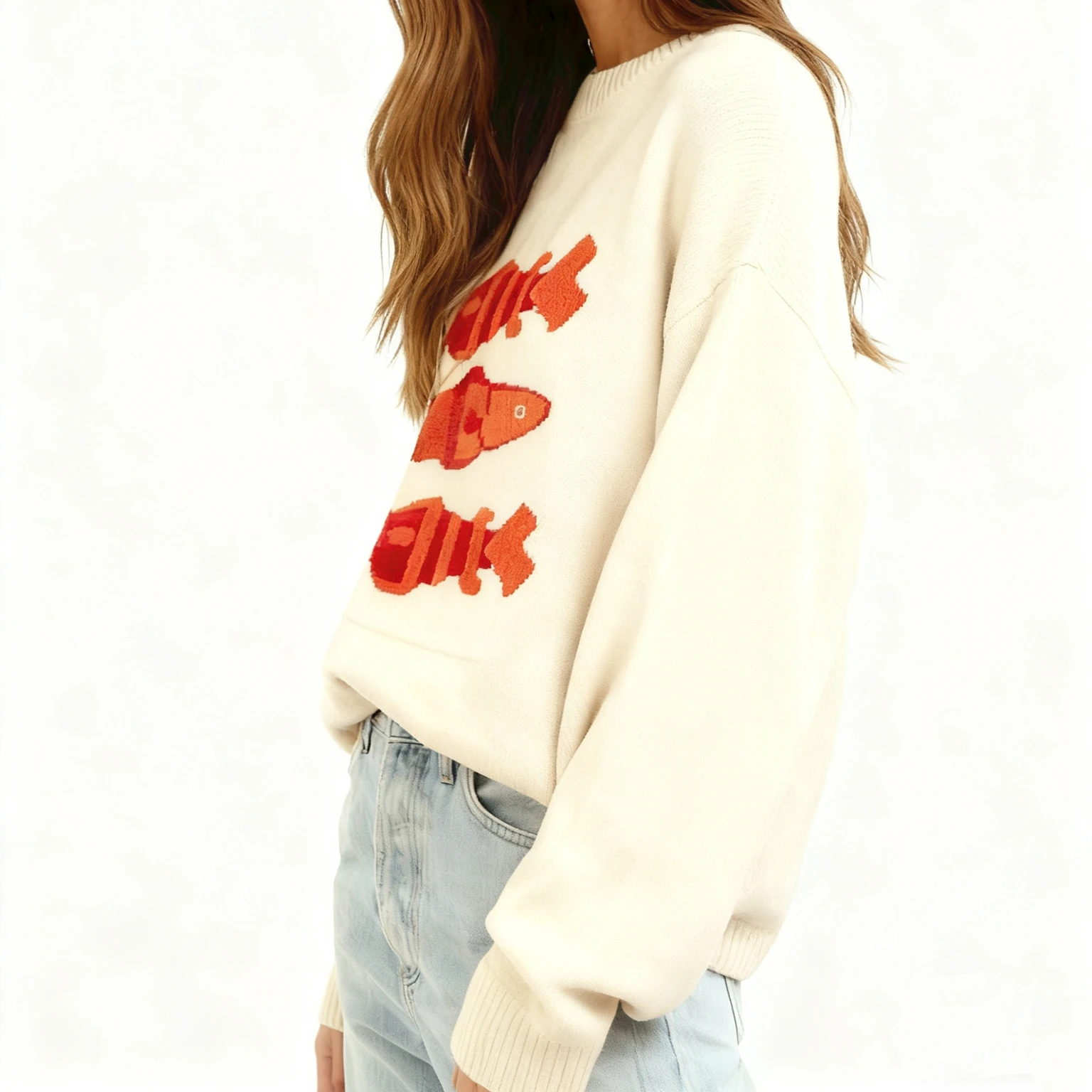 เสื้อไหมพรมผู้หญิงดีไซน์หรูหรา สไตล์ลำลอง ลายปลา แขนยาว คอกลม ทรงหลวม ใส่สบาย เหมาะสำหรับฤดูใบไม้ร่วง