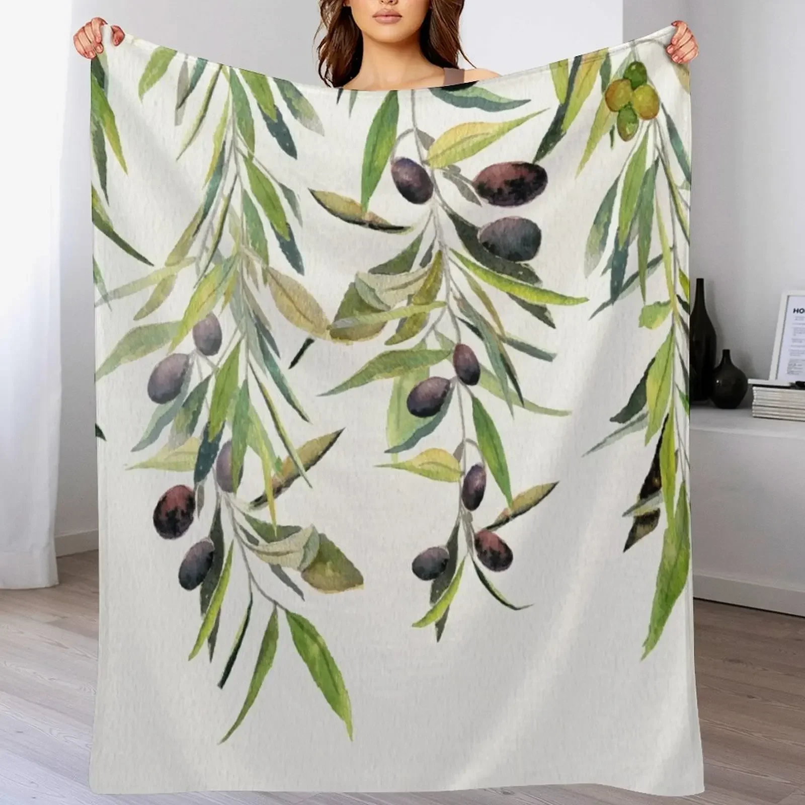 

Olive Branch Watercolor Throw Blanket Luxury Thicken Nap Summer Beddings Warm Blankets