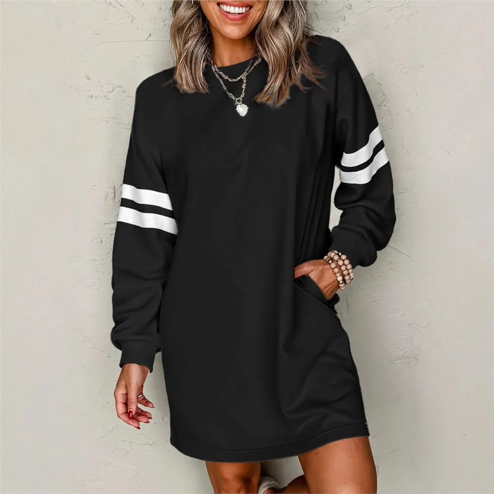 2025new Autumn Striped Color-blocking Off-shoulder Vestidos Pullover Casual Loose Versatile Round Neck Dress Simple Style Trendy