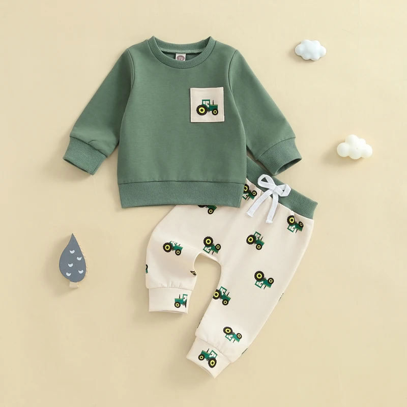 Toddler Baby Boy Spring Outfit Tractor Long Sleeve Sweatshirt Long Pants 2 Pcs Set Farm Clothes