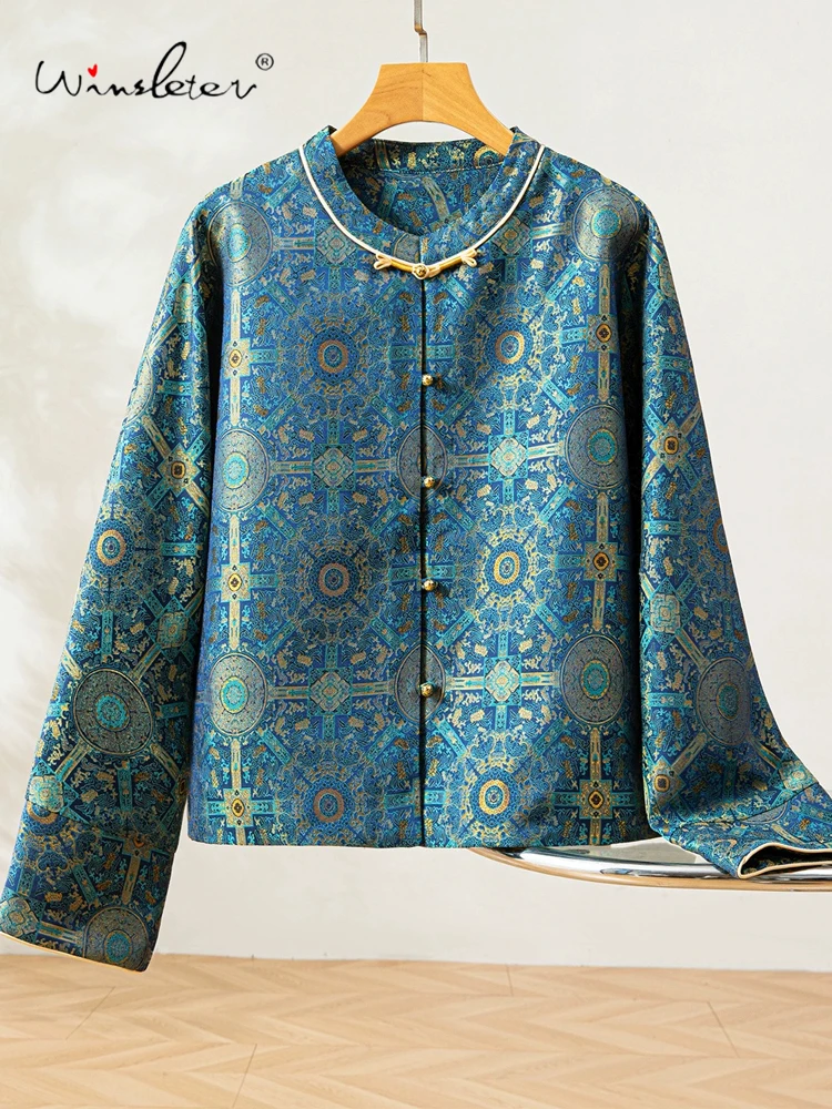 

Winsleter-100% элегантное пальто из парчи из настоящего шелка Song, пуговица с круглым вырезом, женское свободное пальто в стиле ретро, осень 2023, C5N441CC