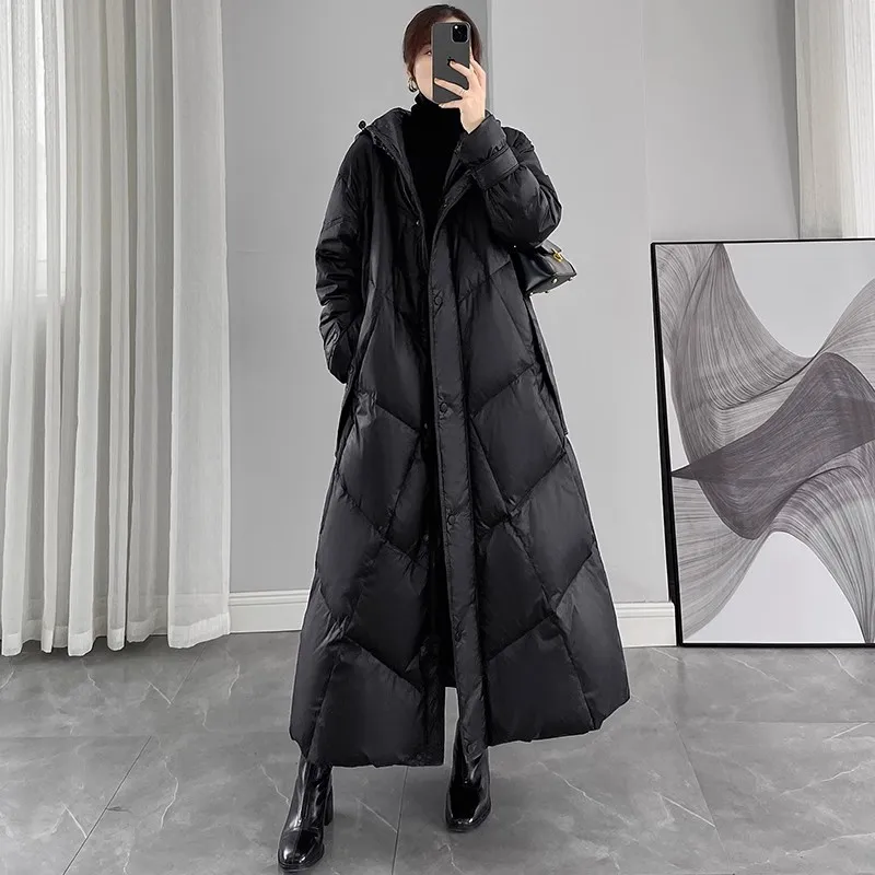 2023 New Women\'s Winter Super Long Down Jacket Women Black Hooded Over Knee 90%White Duck Down Coat Female Loose Thicken Parkas