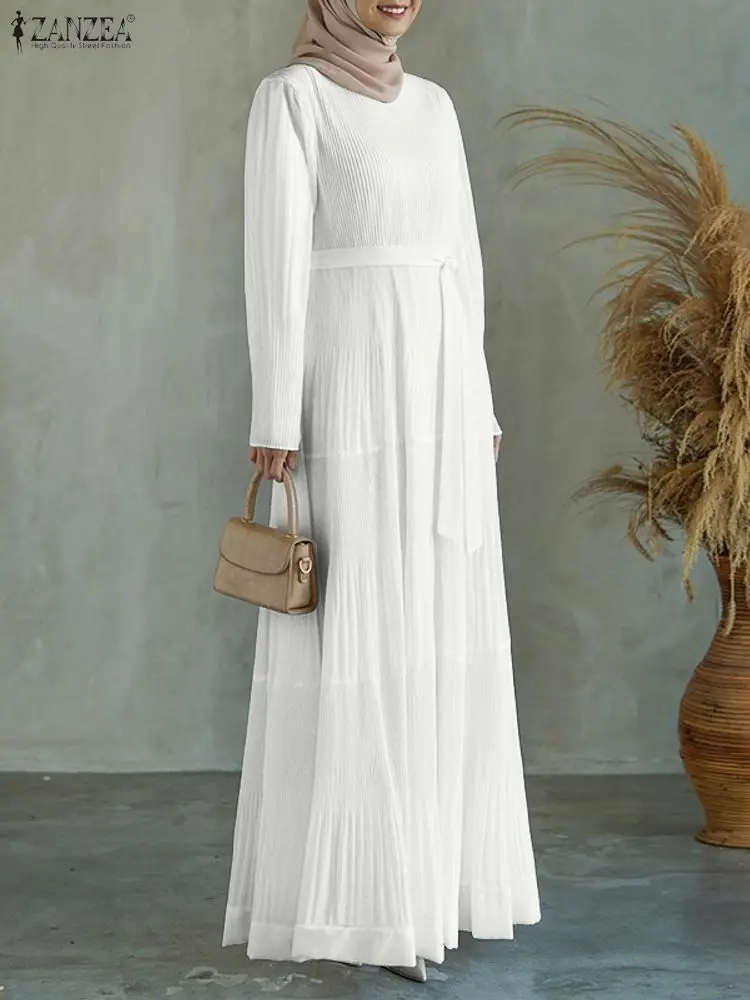 2025 ZANZEA موضة الخريف س الرقبة فستان بكم طويل المرأة رداء فساتين مسلمة عباية ماكسي طويل Vestidos الصلبة مطوي فستان الشمس #4