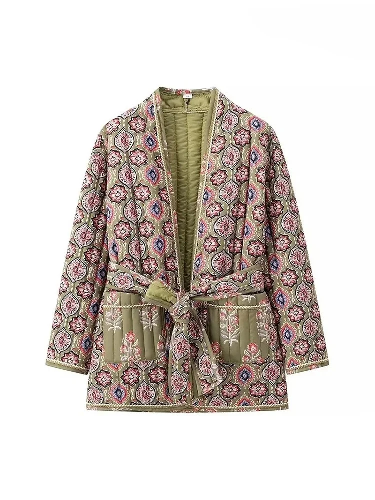 

Women Fashion Winter Armature Printed Lapel Lace-Up Jacket Ethnic Floral Printed Jacket Street Style Women's Casual Jacket