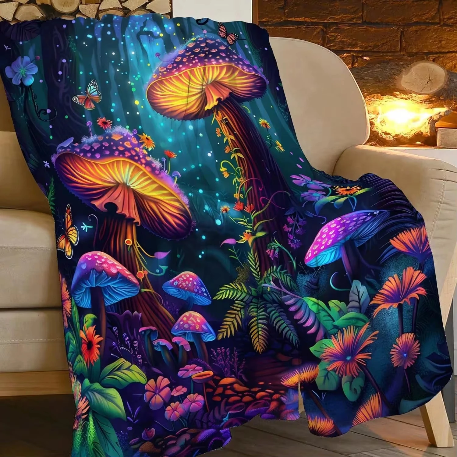 Mushroom Blanket Red Mushrooms Botanical Fern Wildflowers Throw Blanket Gothic Nature Cottagecore Sofa Couch Bedding Bed Blanket