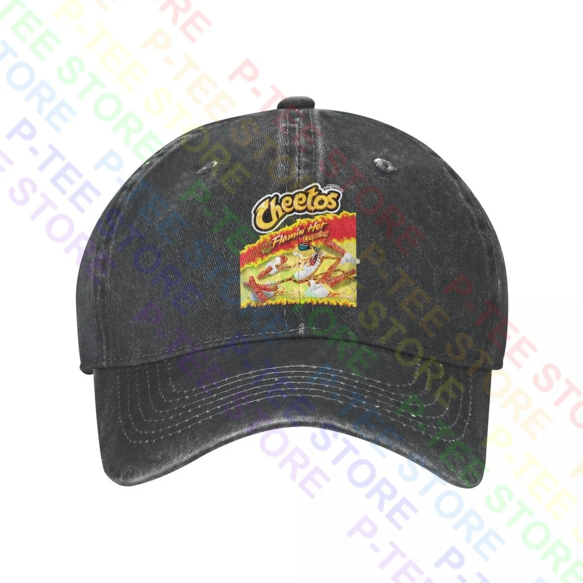 Cheetos Mens Flaming Hot Crunchy Bag Imagen Gorra de béisbol de mezclilla lavada Sombreros de camionero Vtg Harajuku