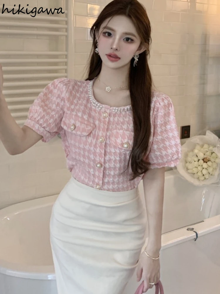 Summer Blouse Women Diamond O-neck Puff Sleeve Sweet Plaid Shirts Vintage Fashion Blouses Crop Tops 2023 Camisas De Mujer 27u113