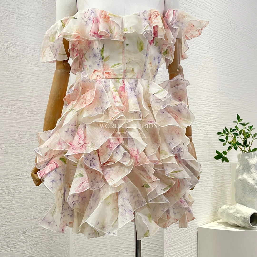 

Chic Floral Print Off the Shoulder Short Sleeve Ruffled High Quality Cotton Mini Dress for Holiday