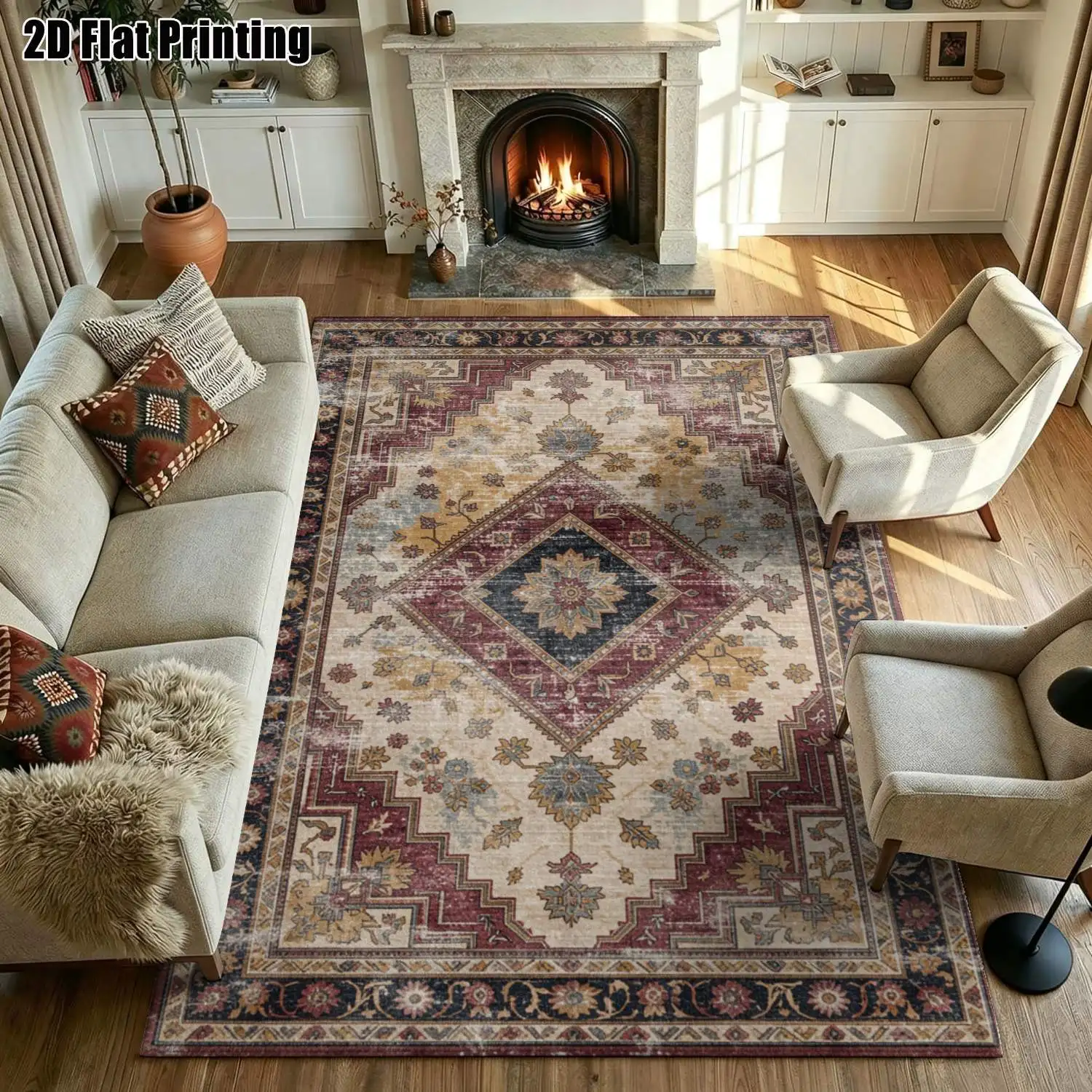 1Pc 2D Printed Retro Geometric Diamond Pattern Carpet: Vintage, European, Bohemian Style, Machine Washable, Multi-Size, Ideal for Home Decor in Living Room, Bedroom, Dining Room, Entrance & Study