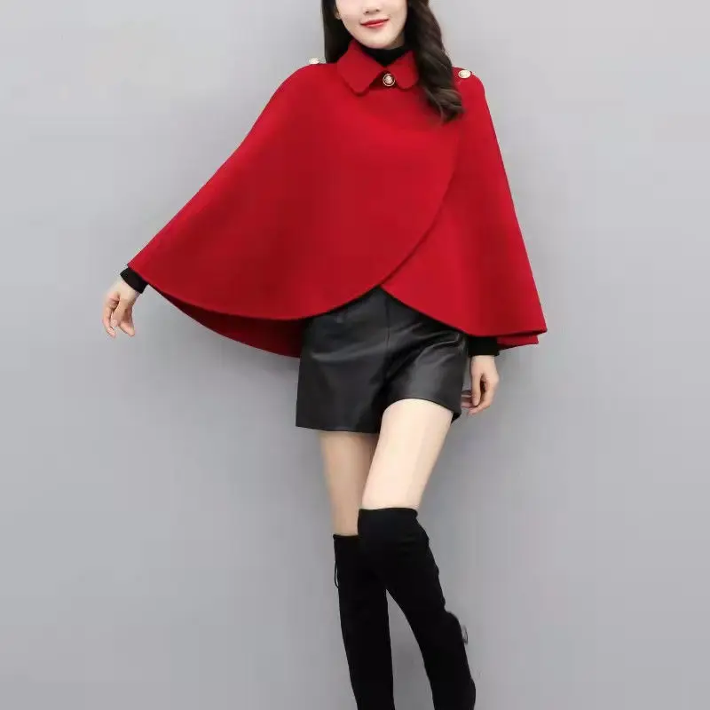 Temperamento outono inverno nova lã capas curtas mulheres peter pan colarinho batwing manga botão coreano moda ponchos casacos topos