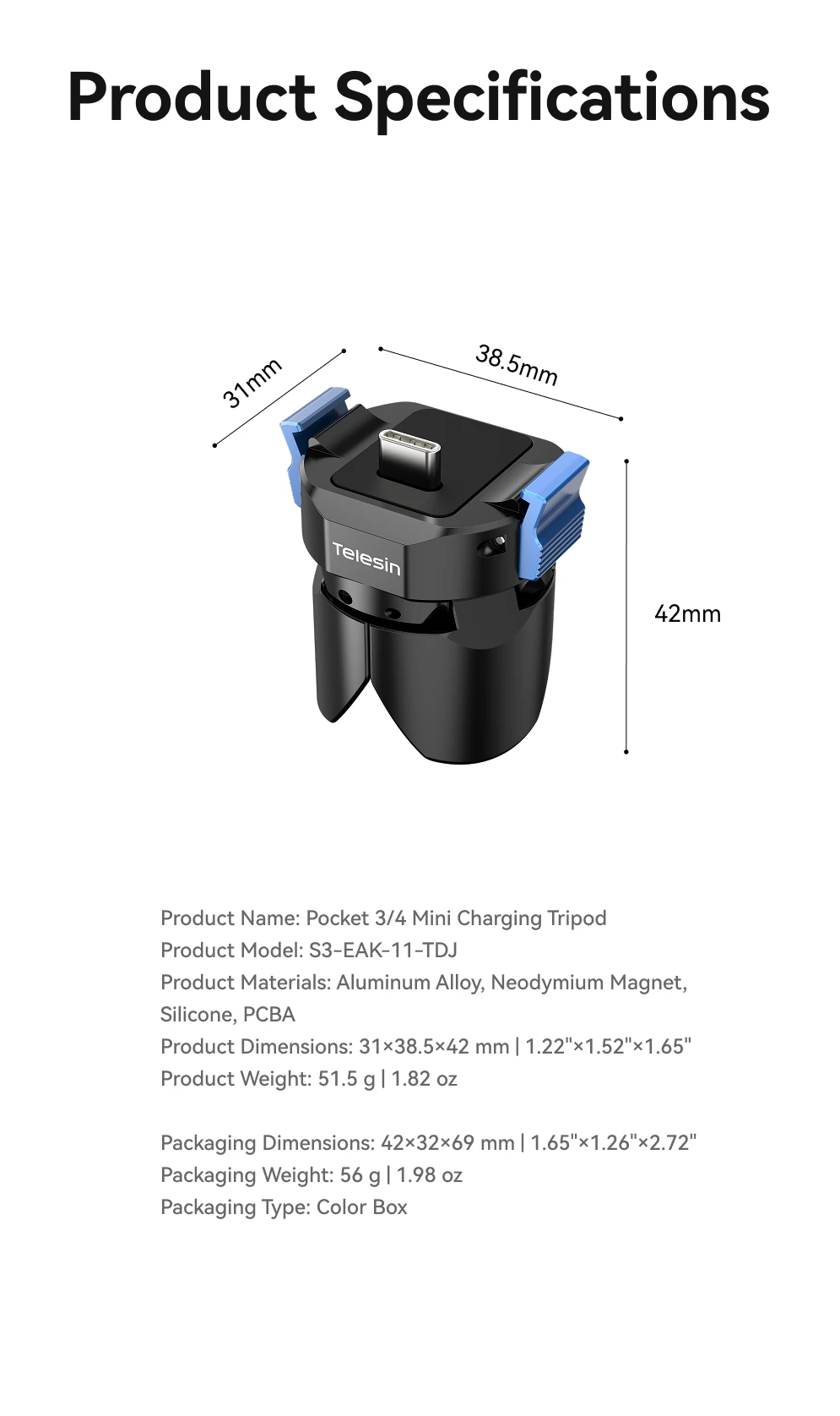 TELESIN Mini Magnetic Tripod for DJI Osmo Pocket 4/3 Base Type-C Charging Adapter Release Camera Stand Mount Holder Stand