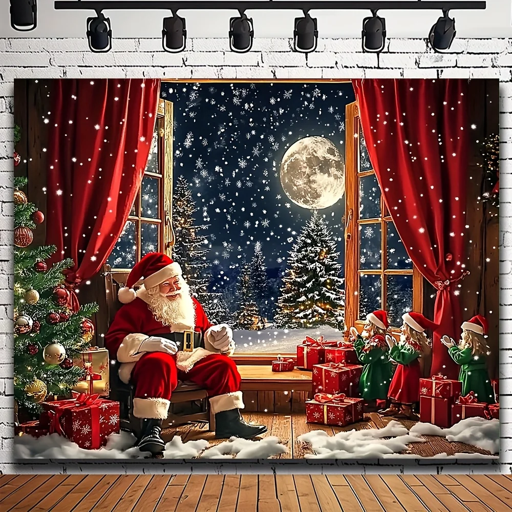 2D flat banner, 1 piece, a festive background of Santa Claus and Christmas tree, a festive home decoration banner