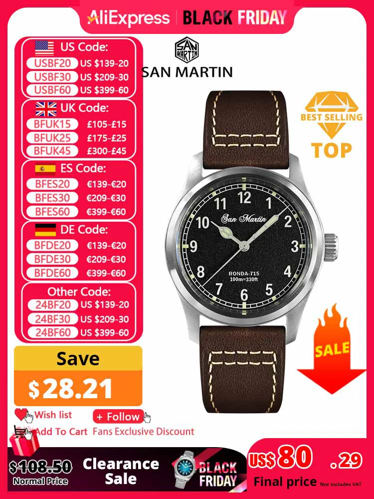 San Martin-Reloj de piloto para hombre, cronógrafo de 37mm, esfera con patrón de fuego, estilo militar Simple, movimiento de cuarzo, 10 Bar, luminoso, 715