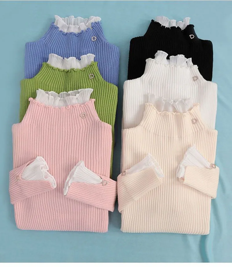 High neck base sweater Jumpers head lace lotus leaf fungus edge collar top women 2026 autumn winter new flared sleeves Pullovers