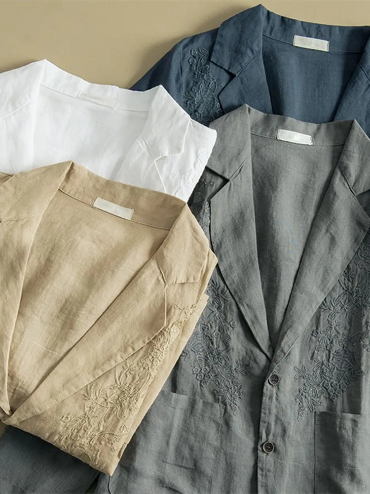 Lente Zomer Nieuwe Zware Borduurwerk Linnen Pak Jas Grote Maat Losse Revers Lange Mouw Open Cardigan Buitenkleding voor Dames