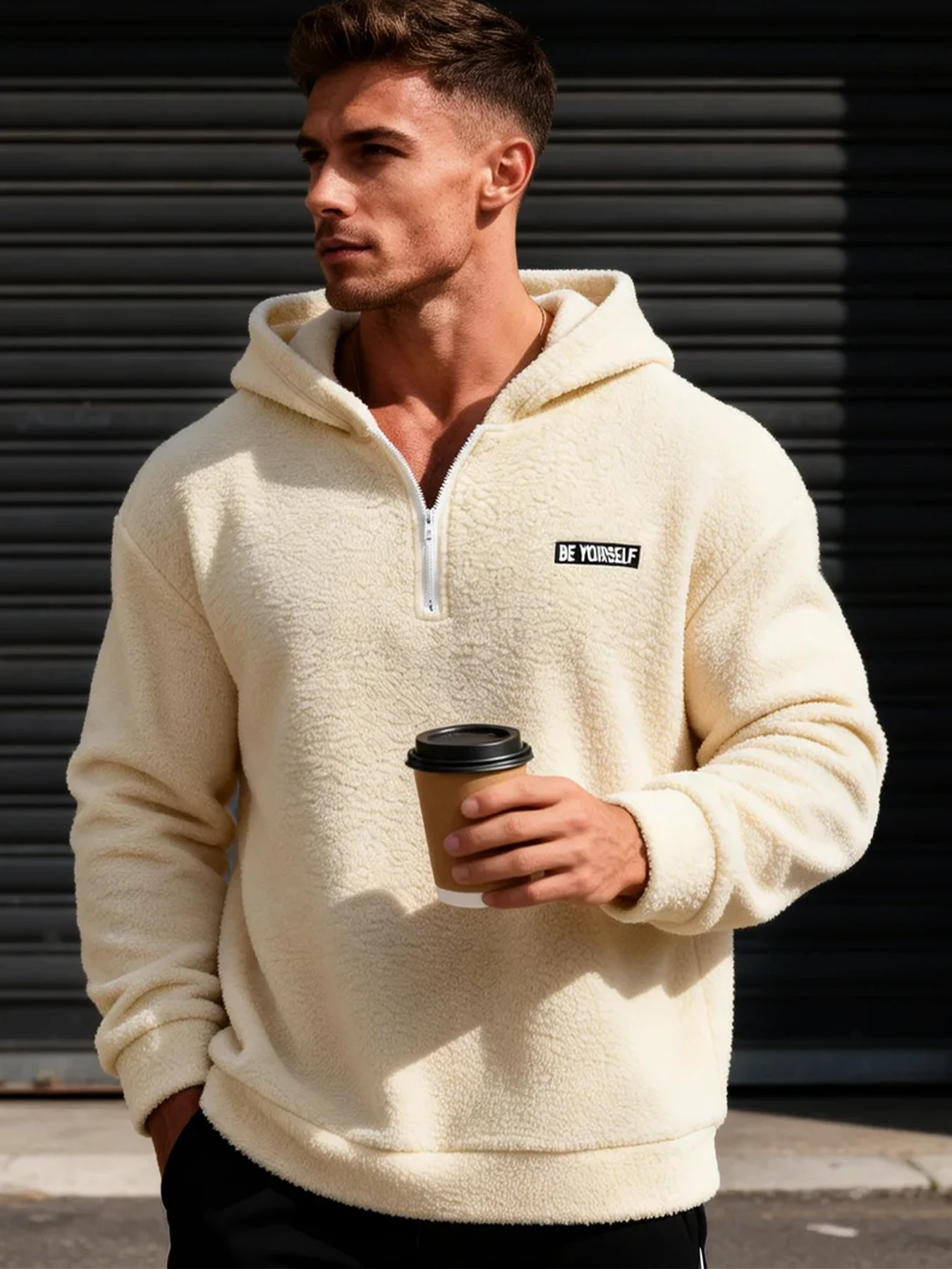 Men's Off-White Teddy Fleece Half-Zip Hooded Sweatshirt, Simple Letter Logo, Thickened Warm Jacket, Autumn and Winter Loose Fit, Casual Soft Plush Hoodie