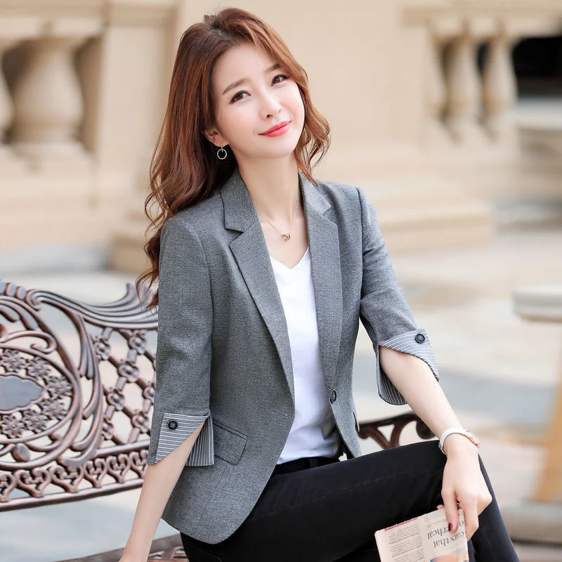 Spring Summer Fashion Three-Quarter Sleeve Office Ladies Suit Casual Short Blazer Coat Female Outer Women Blazer 2025 New Korean