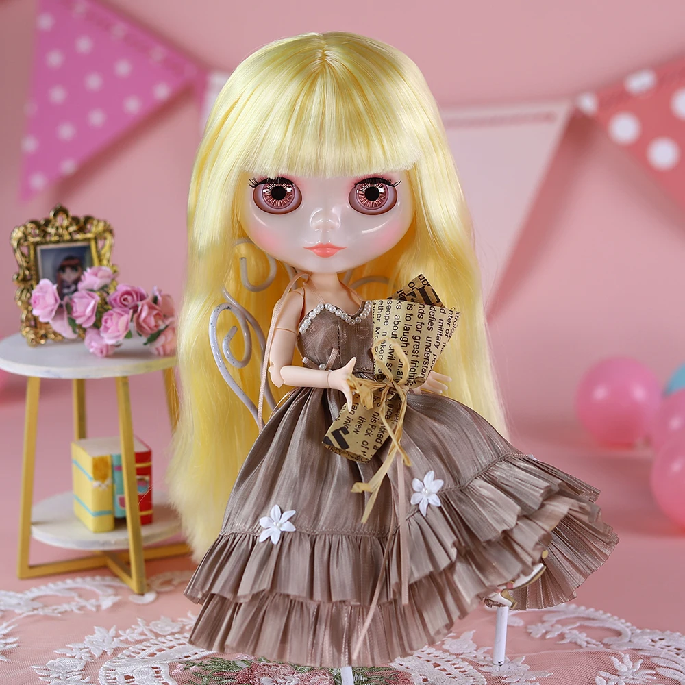 Icy dbs blyth pele justa rosto brilhante longo cabelo loiro com franja bjd 30cm boneca incluindo vestido menina festival presente de aniversário