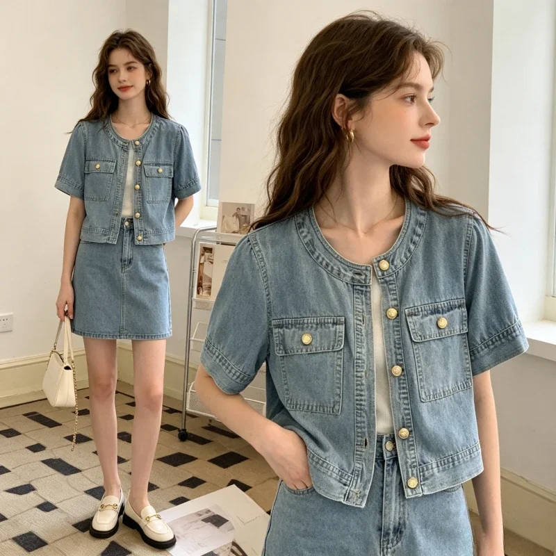 Tops Women Denim Coats Round Neck Jackets Single Breasted Short Sleeve Top Y2k Streetwear Work Casual Jacket 2026 Summer