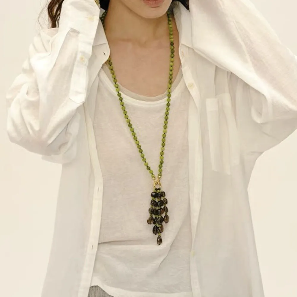 Quartz Smoky Crystal Sweater Necklace for women Green Grape Tassel Necklace Blackberry Fruit funny jewelry summer accessory