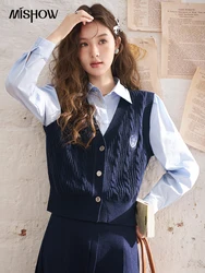 MISHOW Polo Collar Fake Two Shirts Vest Spring Preppy Style Embroidery Knitted Vest Patchwork Solid Shirt Casual Top MXD12C0151