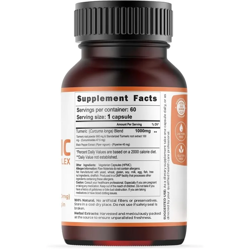 Turmeric Capsules 1000mg Containing 95% Curcumin and Piperine -60 Capsules Vegetarian Supplement