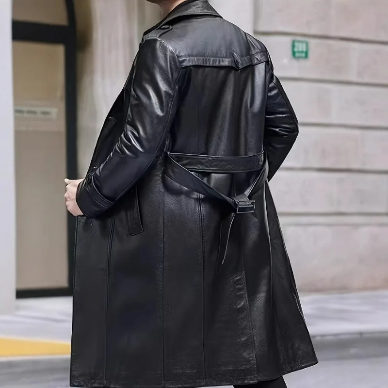 Cross-border Amazon Hot Selling Men's PU Leather Coat Autumn and Winter Men's Casual Business Double Collar Fur Coat Plus Long