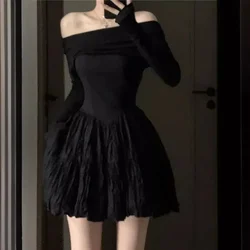 Elegant Black Dress Off-shoulder Slimming Short Skirt Long Sleeve Dress For Women Sensible Design Wrinkled A- line Spring Autumn