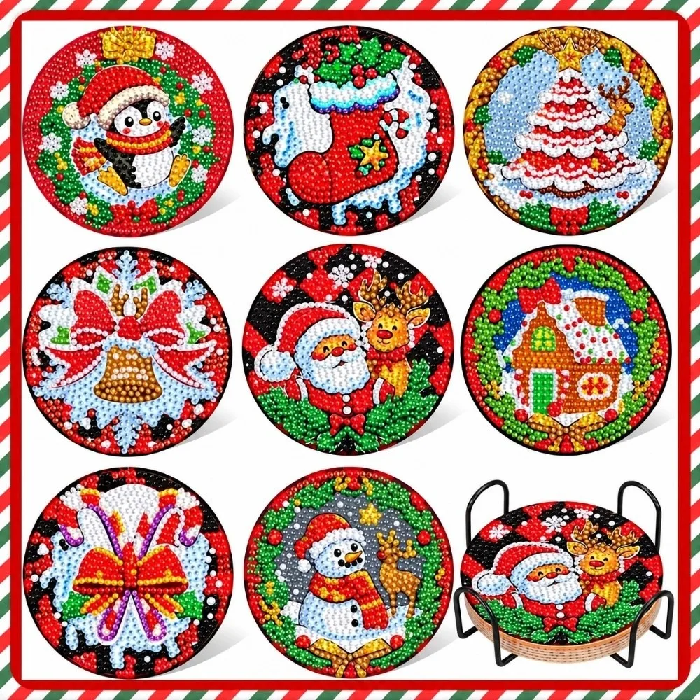 8Pcs with Metal Stand DIY Painting Coasters Entry-level Simple Round Art Coasters Handmade Table Protector Diamond Coaster Kit