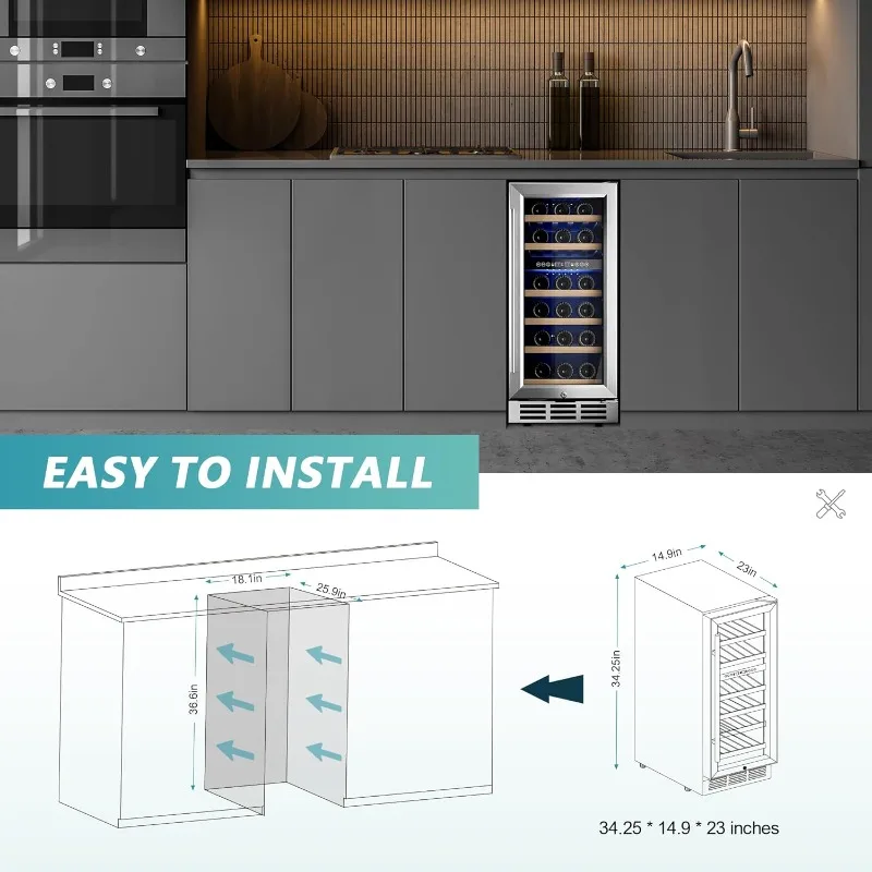 15 Inch Dual Zone Wine Chiller with Digital Temperature Control,Upgraded Compressor Fits Low Noise,with Double-Layer Glass Door