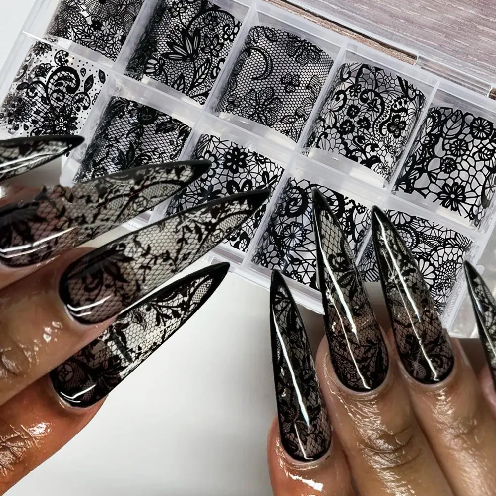 4X25cm-10rolls Sexy Black White Lace Nail Foils Untra-Thin White&Black Lace Flowers Nail Transfer Paper For Wedding Bride Decal