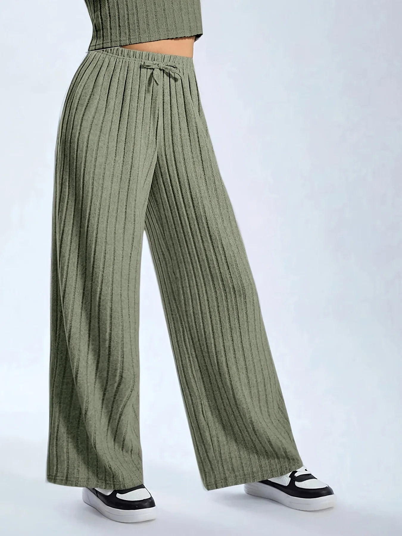Zweiteiliges Outfit für Kinder und Mädchen, geripptes, ärmelloses Crop-Top aus Strick und Hose mit Kordelzug, hoher Taille und weitem Bein, Freizeitset – Detail 3