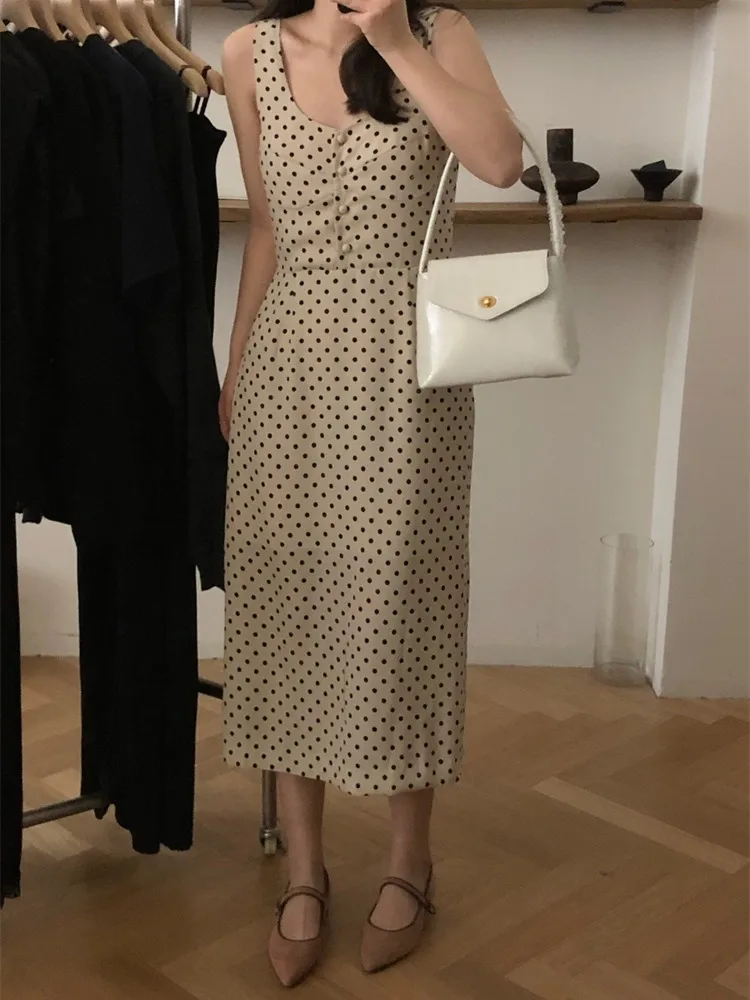 Vintage Long Tank Dress for Women Summer Sleeveless Polka Dot Slim Fit Sleeveless Sundress Female 2024 French Style