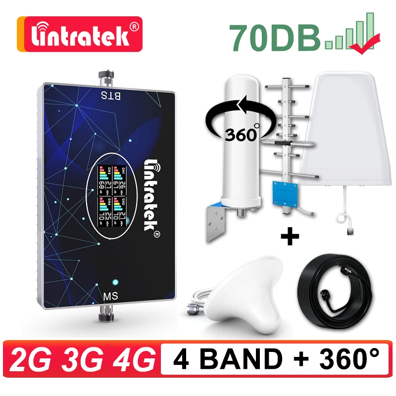 Lintratek 2G 3G 4G LTE Cellular Amplifier 800 900 1800 2100 2600 850 MHz Mobile Signal Repeater 4 Band Booster 360° Antenna Kit