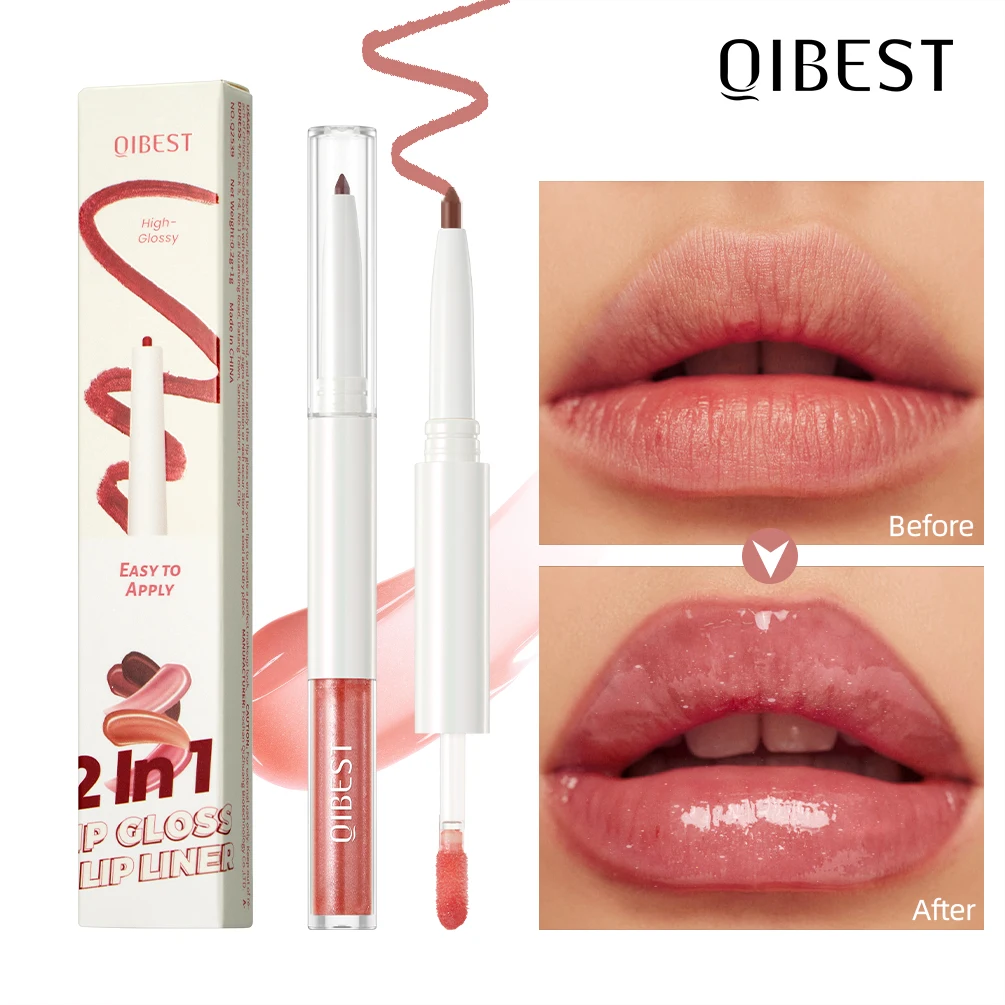 QIBEST Double Head Mirror Lip Glaze Lipliner Pen Water Light Lipgloss Makeup 2-in-1 Stick Matte Velvet Lip Liner Contour Pencil