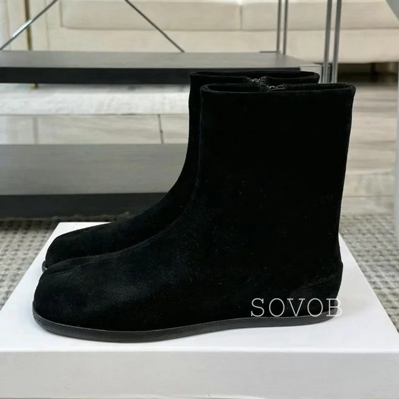 Autumn Winter Pig Hooves And Horse Hoov Boots Women Kid Suede Solid Color Flat Bottom Zipper Ankle Botas Fashionable Short Boots