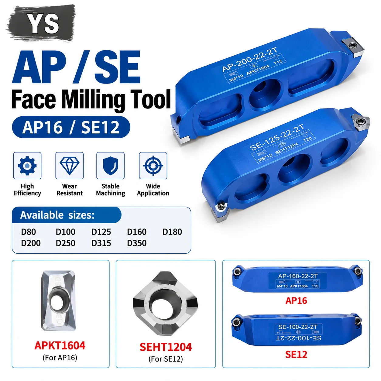 YS AP SE 400R KM12 50 22 27mm 90° 45° Bridge Type Aluminum Alloy Face Milling Cutter Head for APMT1604 SEHT1204 Inserts CNC