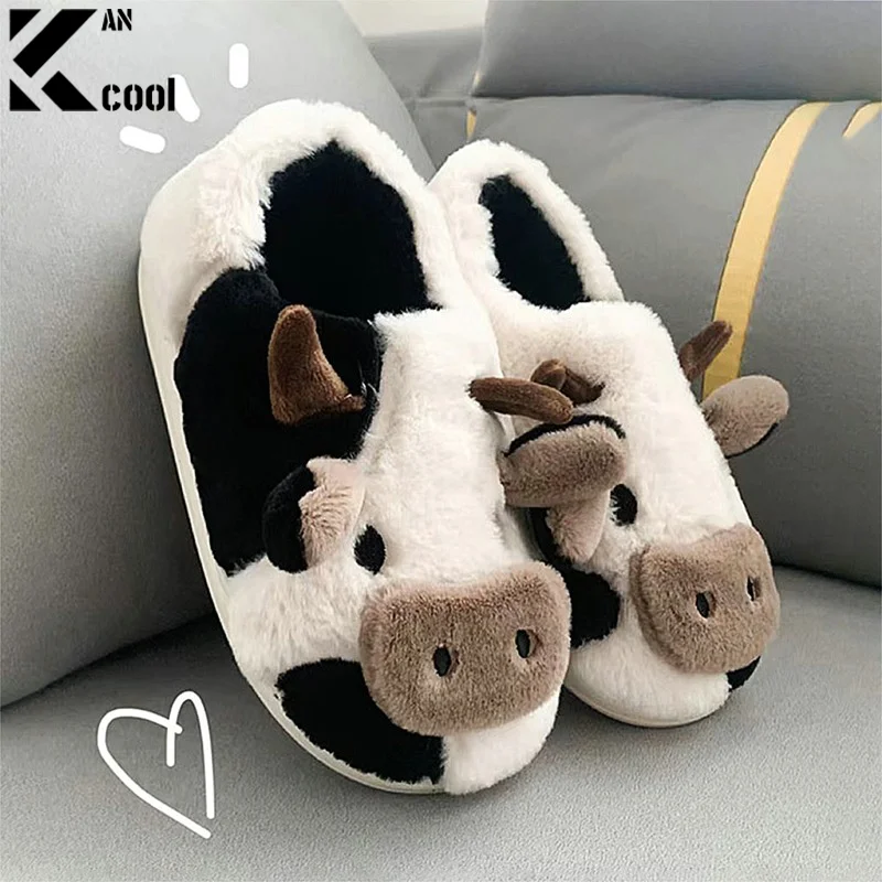 2024 Winter Unisex Cartoon Cow Warm Plush Slippers Couple's Indoor Non-slip House Slides Men And Women Toe Wrap Home Cotton Shoe