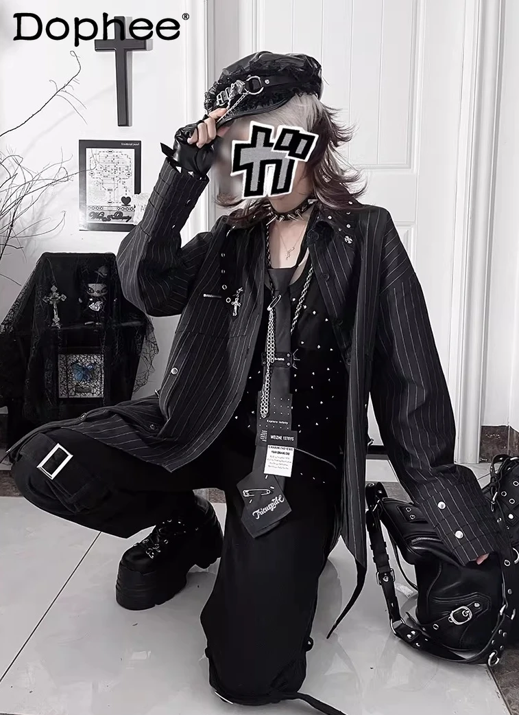 

Y2K subculture Japanese-style original striped design shirt, 2026 spring new casual versatile long-sleeve women's shirt