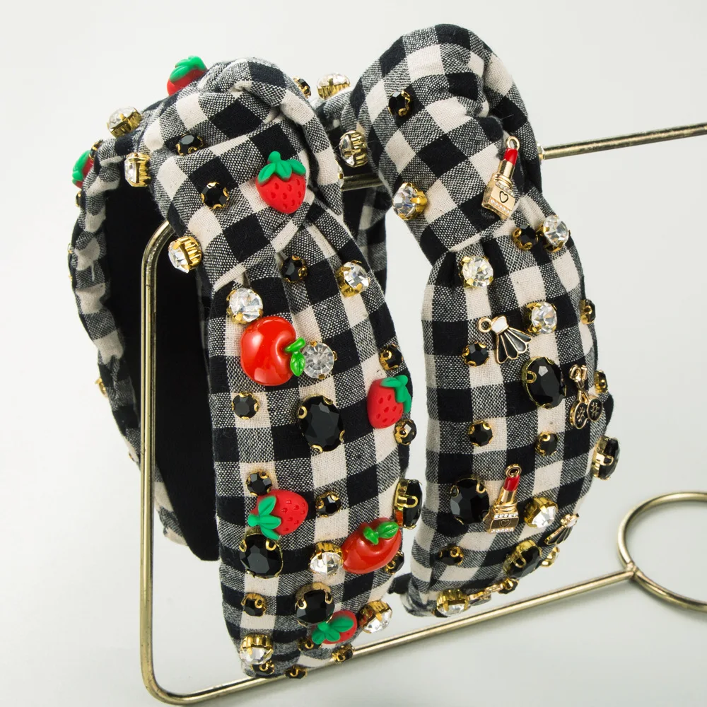 

European and American Cool Black and White Plaid Beautiful Headband Alloy Accessories Hand-Stitched Glass Drill Hair Accessories
