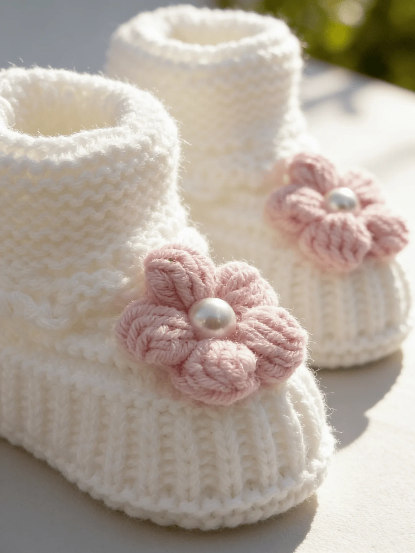 1 Pair Crochet Baby Booties, White with Pink Crochet Flower and Pearl Detail, Newborn Girl Shoes