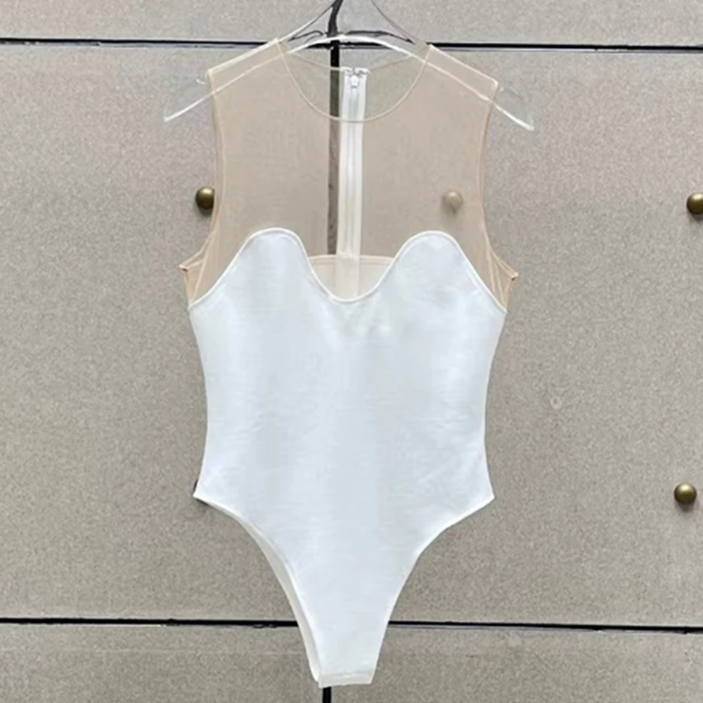 VGH mono Sexy de malla transparente empalmado para mujer, cuello redondo, sin mangas, cintura alta, sólido, trajes de moda de graduación, ropa de verano para mujer