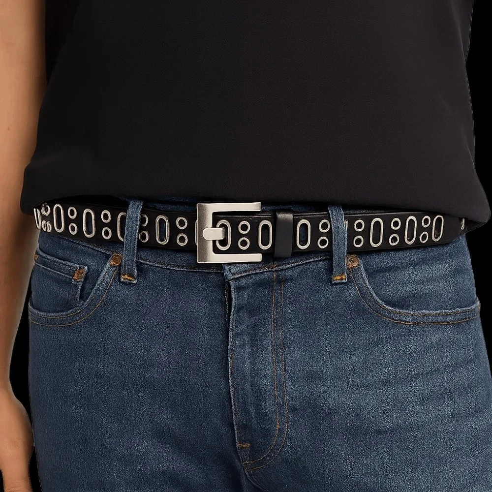 

Retro Alloy Buckle Oval Multihole Belt Vintage Hollow PU Leather Waistband Thin Punk Unisex Belt Cargo Pants Accessories