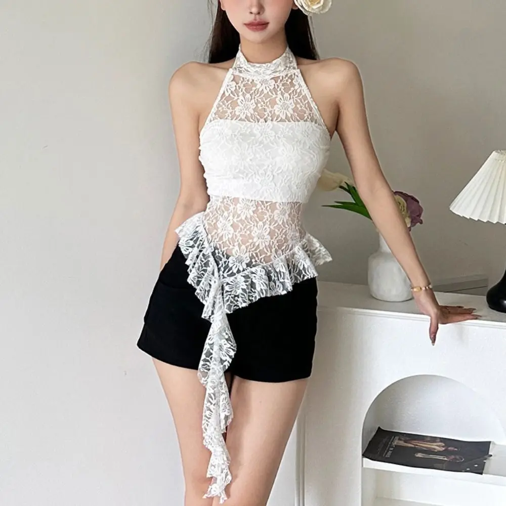 

Fashion Irregular Lace Halter Vest Top Sweet Transparent Crop Top Women Beachwear Spicy Girl Style Neck Hanging Top Party