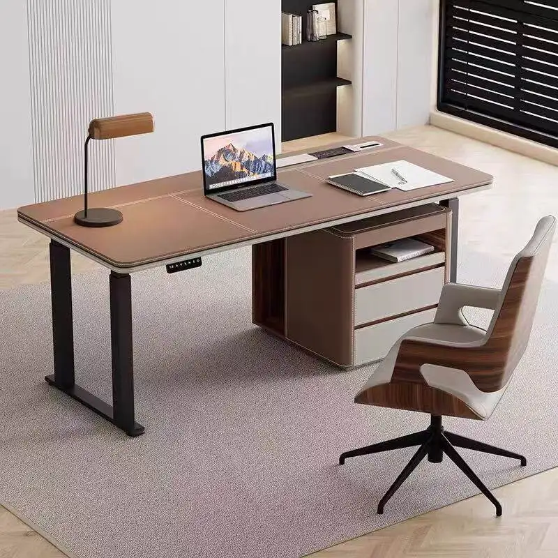 Electric lifting table Saddle leather e-sports table Home desktop with locker Bedroom study Office desk