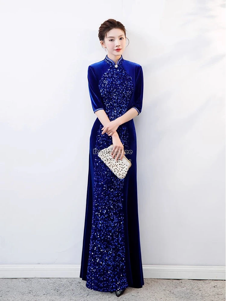2025 new chinese improved women cheongsam long velvet dress elegant chinese half sleeve stand collar slim party qipao dress w208