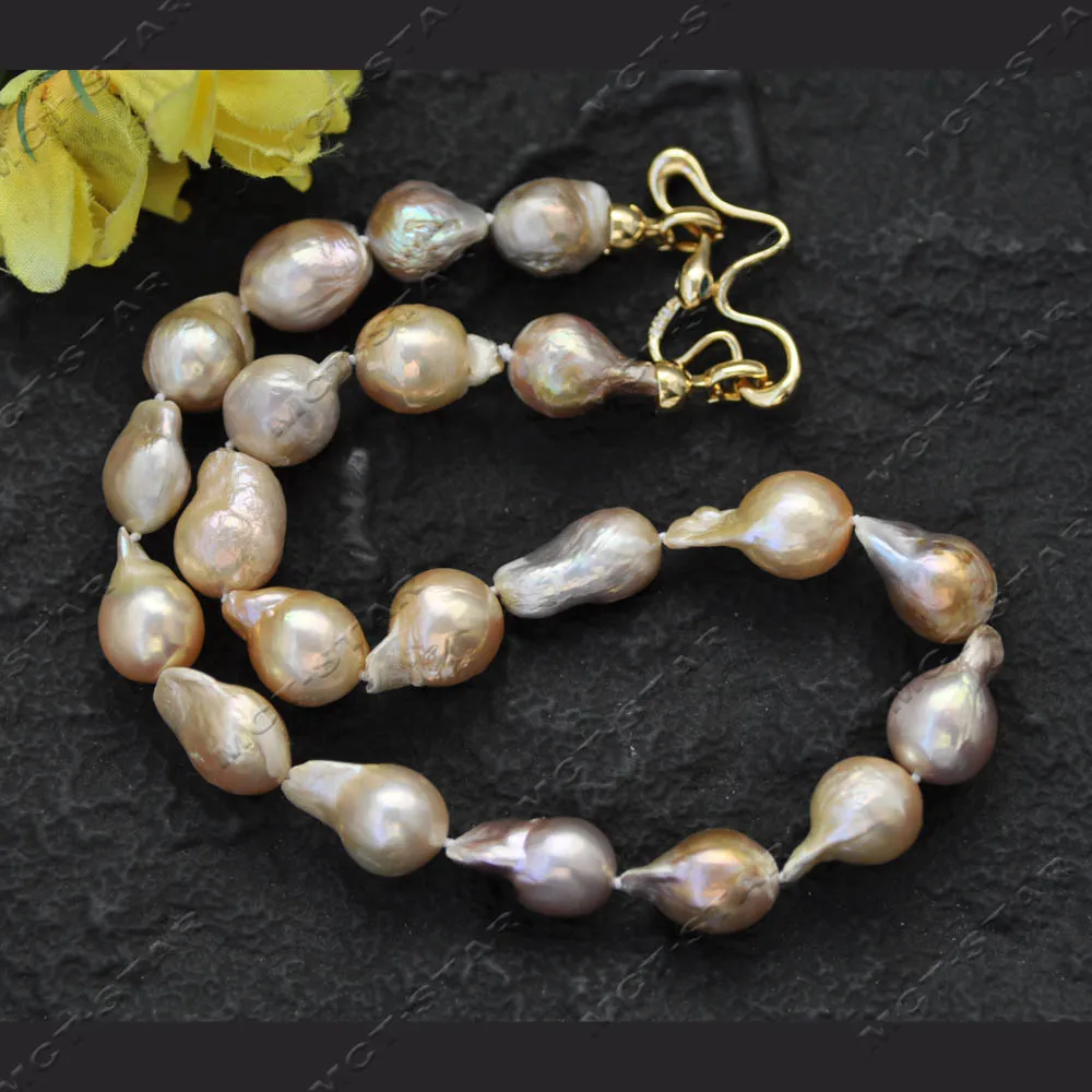 

Z14378 Only One 18'' 22mm Gorgeous Gold-Pink Lavender Baroque Teardrop Edison Keshi Pearl Necklace